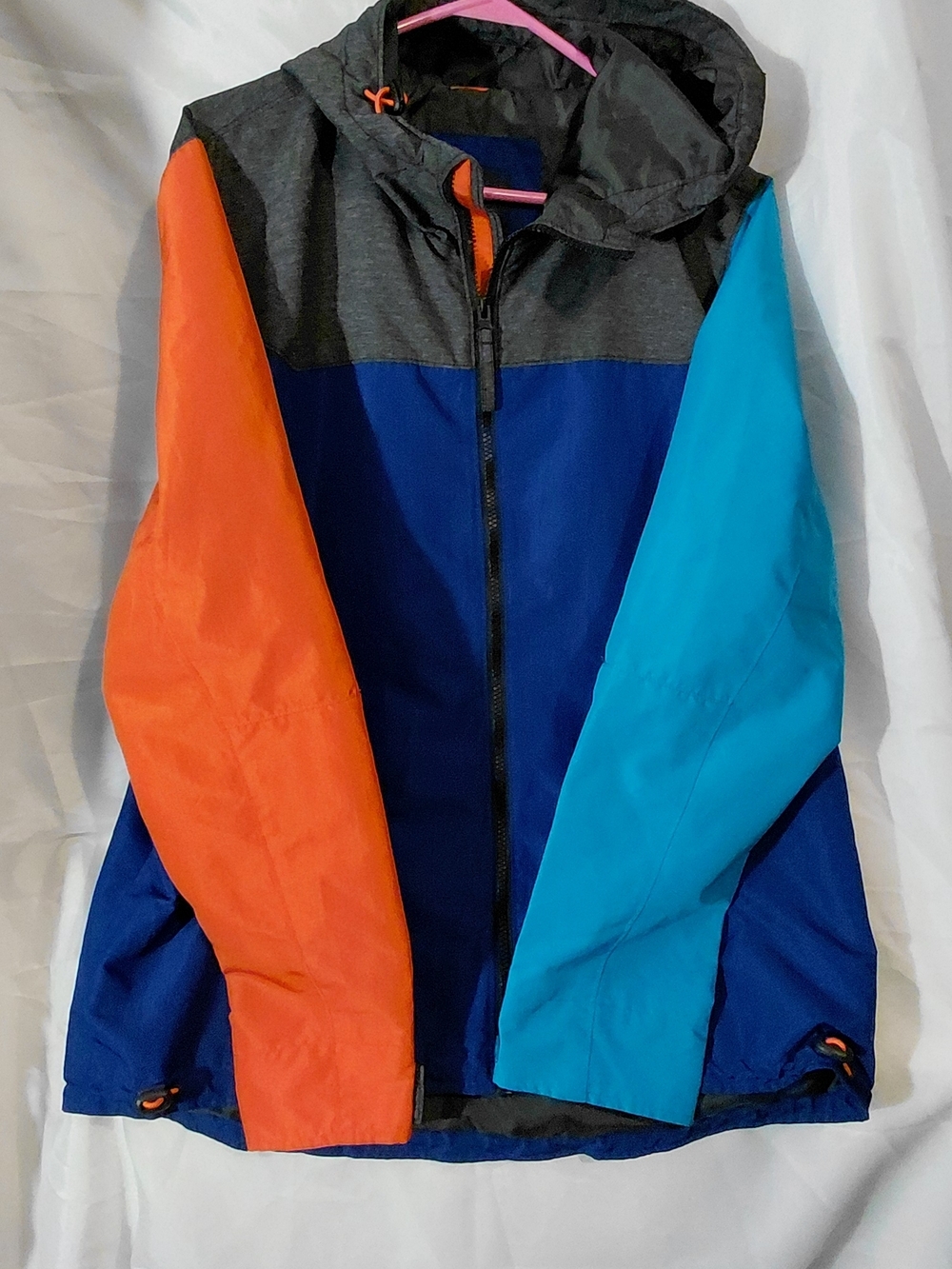 American Eagle Outfitters Colorblock Hooded Raincoat in Blue, Orange & Teal